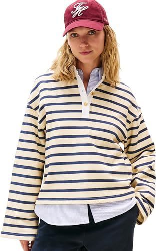 TOMMY HILFIGER - Sweatshirt - Beige/Navy - Losse Pasvorm - Polokraag