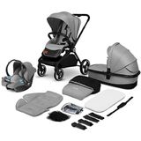 LIONELO Mika 3-in-1 set kinderwagen, babykuip, babyzitje. In de set muggennet, voetafdekking, regenbescherming. Onderhoudsvrije rubberen wielen. Lichte constructie. (GREY STONE)