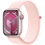 Apple Watch Series 9 (GPS + Cellular 41 mm) Smartwatch - Kast van roze aluminium - Lichtroze geweven sportbandje. Conditie bijhouden, Saturatie-app en Ecg-app, Always-on Retina-display, CO₂- neutraal