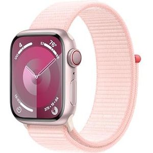 Apple Watch Series 9 (GPS + Cellular 41 mm) Smartwatch - Kast van roze aluminium - Lichtroze geweven sportbandje. Conditie bijhouden, Saturatie-app en Ecg-app, Always-on Retina-display, CO₂- neutraal