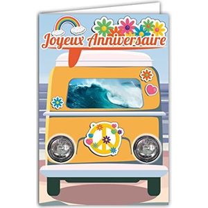 Afie 65-1335 wenskaart voor verjaardag, motief van Hippies 1960, 60er symbool Peace and Love Liberté regenboogbloemen surf golven zee oceaan, incl. enveloppen, gemaakt in Frankrijk