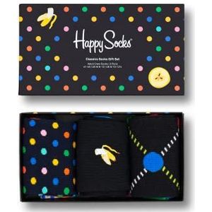 Happy Socks 3-Pack Classic Socks Set, kleurrijke en leuke, Sokken voor Dames en Heren, Zwart-Wit-Blauw-Groen-Roze-Oranje-Geel (36-40)