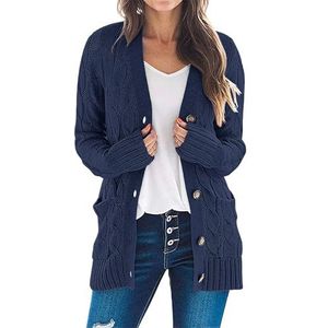 MEROKEETY Dames lange mouwen kabel gebreide trui open voorkant vest knoop losse bovenkleding, marineblauw, M