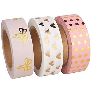 Rayher 60893000 Washi Tape Set, 3 rollen à 10 m, 15 mm breed, 3 designs rosé/goud/wit patroon, papierfolie, papierband, plakband, decoband