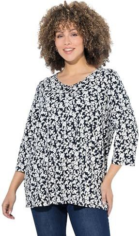 Ulla Popken - Shirt - Zwart/Wit - V-hals - Driekwart Mouw - Normale Pasvorm