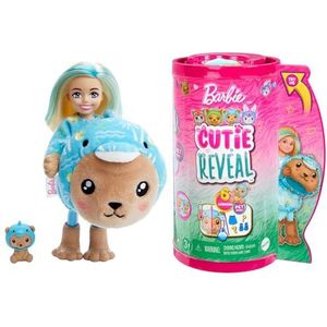 Barbie Cutie Reveal Chelsea Pop en Accessoires, met pluchen dierenpak en 6 verrassingen, waaronder kleurverandering, teddybeer als dolfijn, HRK30
