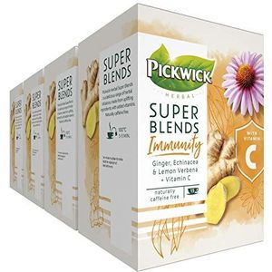 Pickwick Super Blends Immunity Kruidenthee met Gember - Echinacea en Citroenverbena - Bevat Vitamine C (60 Theezakjes) - Cafeïnevrij - 4 x 15 Zakjes