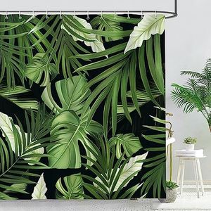 Bonhause Douchegordijn met tropische bladeren, groen palmblad, plant, badkamer, gordijn, 180 x 180 cm, waterdicht, schimmel- en schimmelbestendig polyester, badgordijn met 12 haken