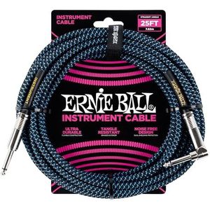 Ernie Ball Geassembleerde kabels voor muziekinstrumenten 6060 gevlochten zwart/blauwe kabel 7,62 m, 25ft, Recht/Gehoekt