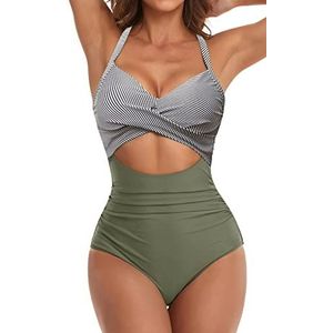 Eomenie Badpak voor dames, eendelig, diepe V-hals, ruches, monokini, badmode, gewatteerd badpak, Groene strepen, XL