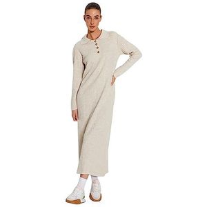 Trendyol - Tctaw24Eb00025 - Tricot Jurk - Beige - Polo Kraag - Geknoopt - Relaxte Fit