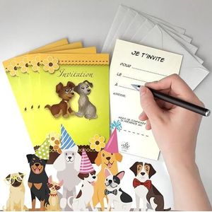 Set van 5 kaarten ""Uitnodiging"" voor honden, puppy's, dieren met 5 witte enveloppen, 9 x 14 cm, tekst Ik nodig je uit om... de (datum) op (tijd) adres - feest, snack, verjaardag, vrienden, vriendinnen