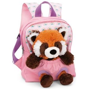 Rugzak 21x26 cm pink met knuffelpluche rode panda 25 cm - Afneembaar pluche speelgoed, zacht en pluizig - kleuterrugzak met knuffeldier voor 2-5-jarige jongens en meisjes