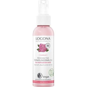 Biologische rijke reinigingsmelk van LOGONA met biologische damastroos, zachte en voedende reiniging, voor normale en droge huid, natuurlijk en veganistisch, 125 ml