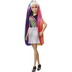 Barbie Pop met Schitterend Regenbooghaar; extra lang (20 cm) blond haar met verborgen regenbooglokken in vijf kleuren, glittergel, kam en accessoires voor haarstyling; voor kinderen van 5 jaar, FXN96