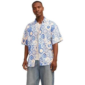 Jack & Jones - Herenhemd - Blauw - Brede Pasvorm - Korte Mouwen, Resort Kraag, 51% Linnen, 49% Viscose