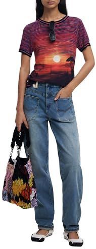 T-shirt - Gebreid - Zonsondergang - Korte Mouwen - Regular Fit