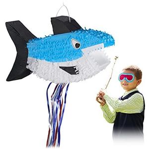 Relaxdays pinata haai, ophangen, voor kinderen, meisjes & jongens, verjaardag, om zelf te vullen, leeg, blauw