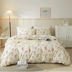 AMWAN Dekbedovertrek in tuinstijl roze bloemen queensize chic shabby wit roze bloemen beddengoed sets 100% katoen botanische dekbedovertrek esthetische boho beddengoedcollectie queensize