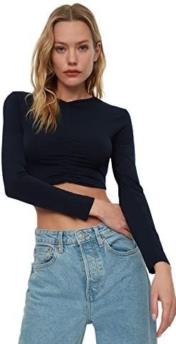 Trendyol Vrouwen Getailleerde Bodycon V-hals Gebreide Blouse, marineblauw, M