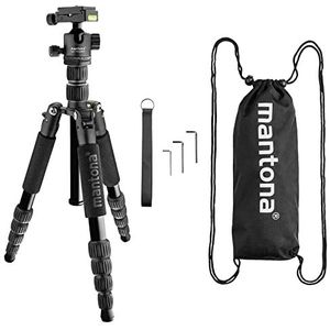 mantona Reisstatief Light Traveller, stabiel aluminium, licht camerastatief, kogelkop + wisselplaat (Arca Swiss compatibel), 360° panorama I fotostatief als tripod & monopod, zwart