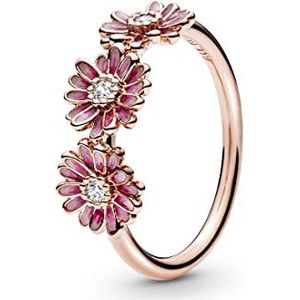 Pandora Garden Pink Daisy Flower Trio 14-karaats rosévergulde ring met madeliefjes, met heldere zirkoniasteentjes en geschakeerd roze email, 50
