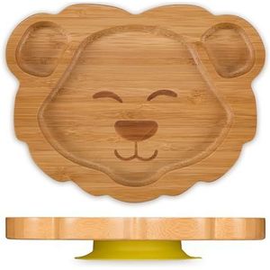 Relaxdays kinderbord met zuignap, bamboe vakjesbordje, leeuw design, 3 vakjes, antislip babybord, BPA-vrij, natuur
