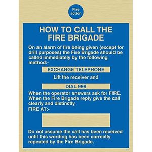 Viking Signs MF324-A5P-G ""Fire Action How To Call The Fire Brigade"" bord, kunststof, stijf goud, 200 mm H x 150 mm W