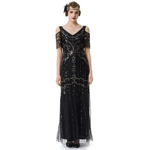 BABEYOND Cocktailjurk, jaren 20, lange avondjurk, vloerlengte, paillettenjurk, Gatsby-feest, Zwart Goud, S