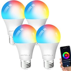 ANTELA Alexa Slimme Gloeilamp E27, 9W 1000 Lumen led Smart Bulb Rgb16 Miljoen Verschillende Kleuren, Kleurtemperatuur 2700K tot 6500K, Werkt met Alexa/Google Assistant, 4 stuks