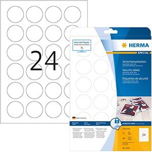 HERMA 4234 veiligheid etiketten tegen manipulatie A4 (Ø 40 mm, 25 velles, speciale folie, mat, rond) zelfklevend, bedrukbaar, permanente plakfolie etiketten, 600 etiketten voor printer, wit