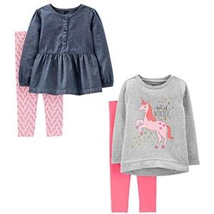 Simple Joys by Carter's Peuter meisjes 4-delige shirt en broek met lange mouwen speelkleding set, denim/grijze eenhoorn/lichtroze/roze, 2T
