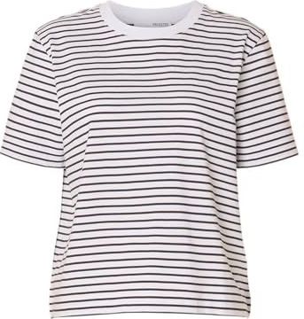 SELECTED - SLFESSENTIAL - T-shirt - Donkerbruin/Wit - Losse Pasvorm