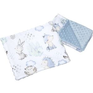 Medi Partners Babydeken, kruipdeken met kussen, 100% katoen, Minky kinderdeken, 55 x 75 cm + 35 x 30 cm, multifunctioneel, voor kinderwagen, babyzitje, wieg (hert en egel met lichtblauw minky)