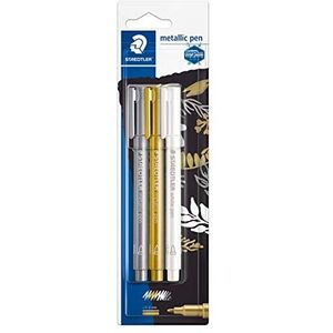 STAEDTLER 8323-S BK3 pak goud en zilver metallic pennen en een witte marker pen
