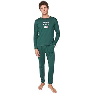 Trendyol Mannelijk Met Slogan Dunne Gebreide T-shirt-Broek Pyjama Set, Emerald Groen, L