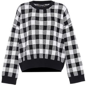 Fenia Dames slouchy gebreide trui met kleurblok-ruiten zwart wit geruit maat XL/XXL, Zwart wit geruit, XL