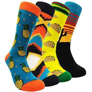 HSELL Heren grappige patroon jurk sokken gek ontwerp katoenen sokken nieuwigheid geschenken voor mannen, 4 paar - Cactus, one size