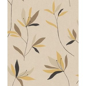 Rasch Behang 634082 - Vliesbehang met bloemen in beige, geel, zwart en groen uit de collectie Color your life - 10,05 m x 0,53 m (L x B)