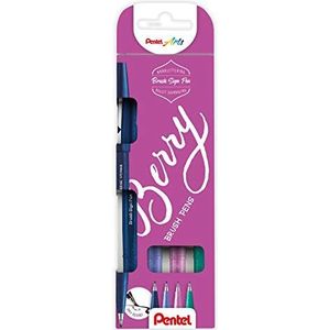 Pentel SES15B-4 Brush Sign Pen Berry Colors Set, vezelpen, penseelachtige punt, 4 stuks, op kleur gesorteerd, nachtblauw, blauwpaars, rozepaars, turquoise