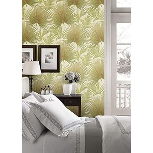 BUVU Behang 53 x 1000 cm, beige, wit, oker, bloemenbehang, bloemenbladeren, design look, modern vinyl