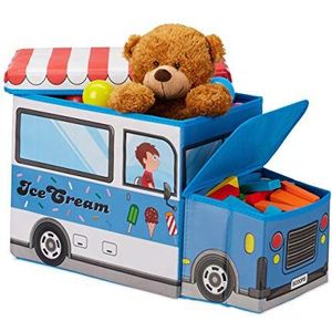 Relaxdays speelgoedkist, poef met deksel, speelgoed, kist, opvouwbaar, jongens & meisjes, ijswagen design, 50 L, blauw