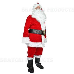 SHATCHI Traditionele Deluxe vorstelijke pluche vader kerstman pak verkleedkostuum hoed, pruik, baard, handschoenen, laarshoezen, halve maan bril 8 stuks kerstoutfit, fluweel, rood en wit, XL