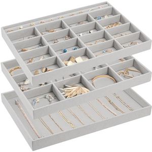 ProCase Sieraden Lade Organizer voor Dames Meisjes, Set van 3 Stapelbare Sieraden Organisator Display Opslag Trays Showcase voor Armband Oorbellen Ringen -Grijs
