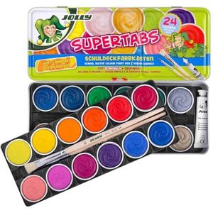 Jolly Supertabs | Dekverfdoos, verfdoos | 24 kleuren incl. twee penselen en dekwit in metalen etui