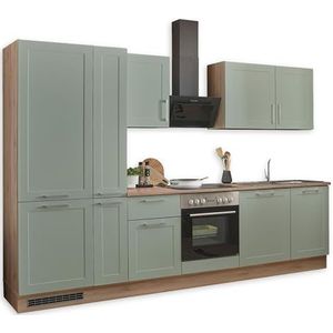 MARSEILLE Moderne kitchenette zonder elektrische apparaten in rietgroen, San Remo eikenlook, ruime inbouwkeuken met veel opbergruimte, 310 x 211 x 60 cm (b x h x d)