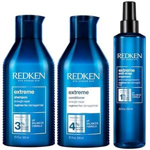 Redken, Routine Voor Verzwakt en Beschadigd Haar, Set van Shampoo, Conditioner en Leave-In, Hydrateert, Herstelt Glans en Beschermt Tegen Haarbreuk, Met Proteïne, Extreme