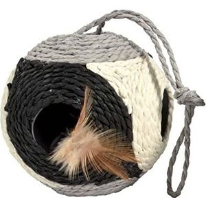 Bobby Facette Kattenbal, krabboomspel van gerecycled touw, met ballen en veren, om op te hangen, zwart, 10-30 cm diameter