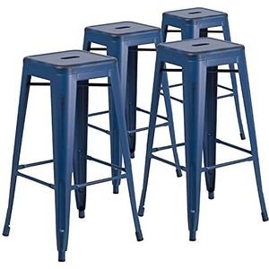Flash Furniture Commerciële kwaliteit 4 Pack 30 inch hoge rugloze noodlijdende metalen binnen-buiten barkruk, kunststof, ijzer, antiek blauw, set van 4