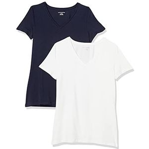 Amazon Essentials Women's T-shirt met korte mouwen en V-hals in klassieke pasvorm, Pack of 2, Marineblauw/Wit, L